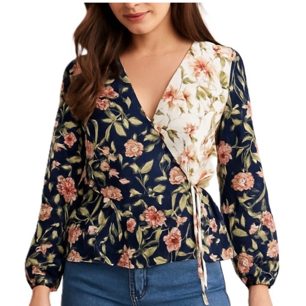 LOFT Floral Wrap Blouse - Navy and Cream